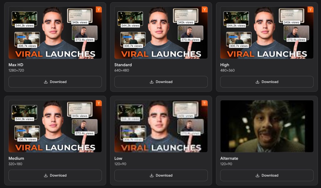 YouTube thumbnail downloader showing six download sizes: Max HD 1280×720, Standard 640×480, High 480×360, Medium 320×180, Low 120×90, and Alternate 120×90
