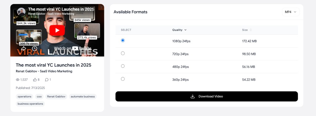 YouTube to MP4 downloader showing available format options: 1080p at 172 MB, 720p at 98 MB, 480p at 56 MB, and 360p at 54 MB, with MP4 selected