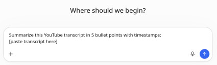 ChatGPT prompt box with a request to summarize a YouTube transcript in 5 bullet points with timestamps